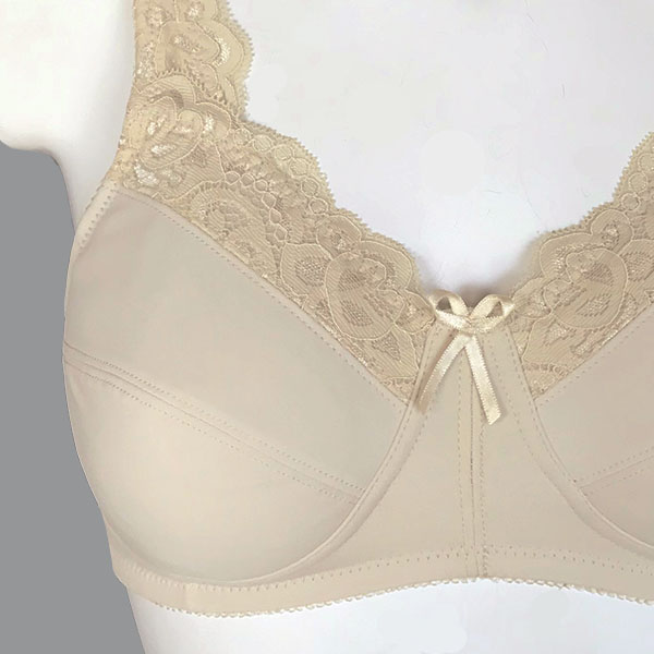 Front close-up view of the ABC Lace Front 101 wireless bra showing the lace detailing to the upper cup and straps.